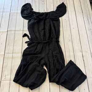 Tommy Bahama Jumpsuit Women Medium Black Linen Blend Off Shoulder Cropped Belted